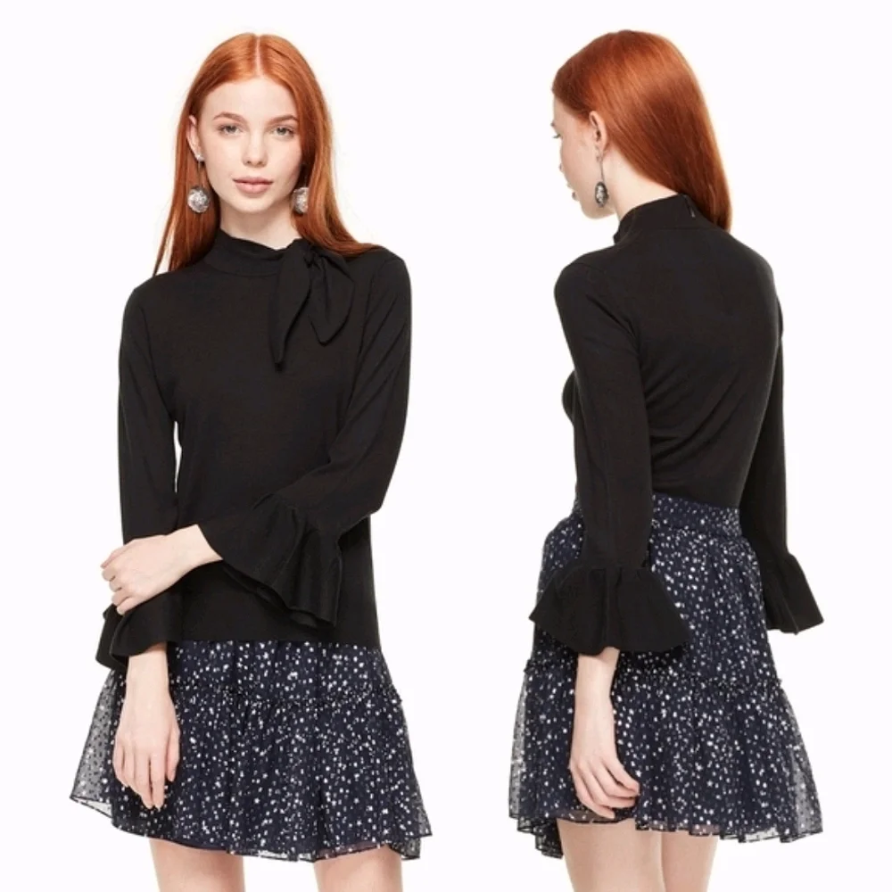Kate Spade Night Sky Navy Silver Star Ruffle Tiered Silk Mini Skirt NWT Sz 10